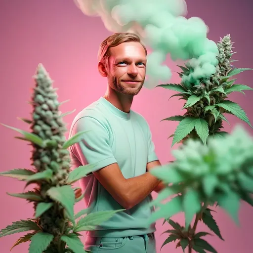 Prompt: Dreamy pastel portrait, pink, mint, 3d, chill atmosphere, soft focus, weed, Marihuana, joints