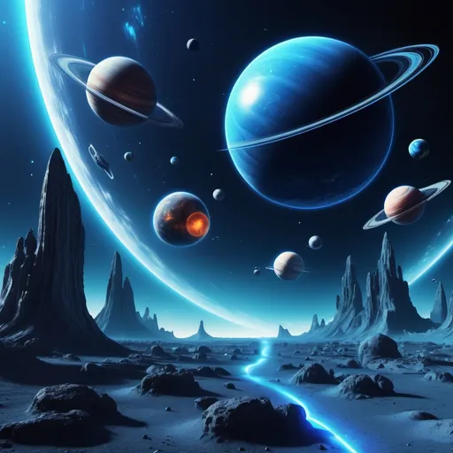 Prompt: A blue space with planets spaceships And nice background  