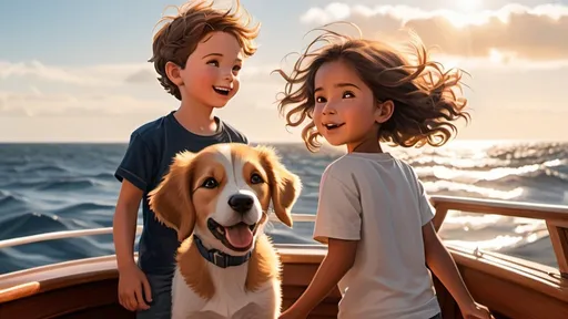 Prompt: one boy, one girl , and a cute dog  standing on the deck of their boat, the wind blowing through their hair as they set sail towards the horizon. The sun is shining brightly overhead, casting a warm glow over the ocean waves.