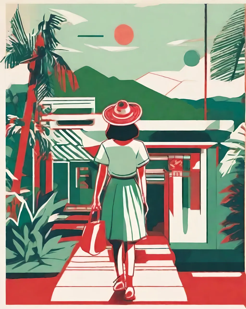 Prompt: Risograph girl of Filipino nationality, 40s, in red, blue, green and white, hand-drawn texture, simple and minimalist shapes, flat colors. Southeast Asian tropical landscape details and architectural elements in the background.