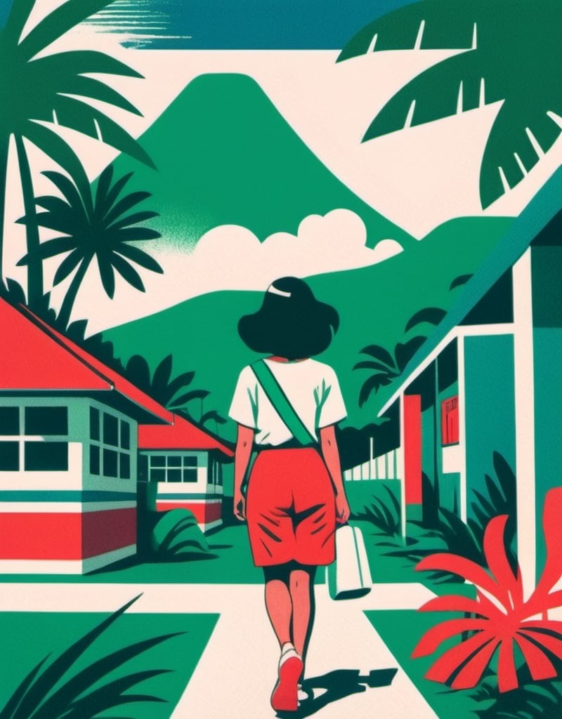 Prompt: Risograph Filipino girl, 40s, back to back, walking away, red, blue, green and white, hand drawn texture, simple and minimalist shapes, flat colors. Risograph background details of the tropical landscape of Southeast Asia with some architectural elements.