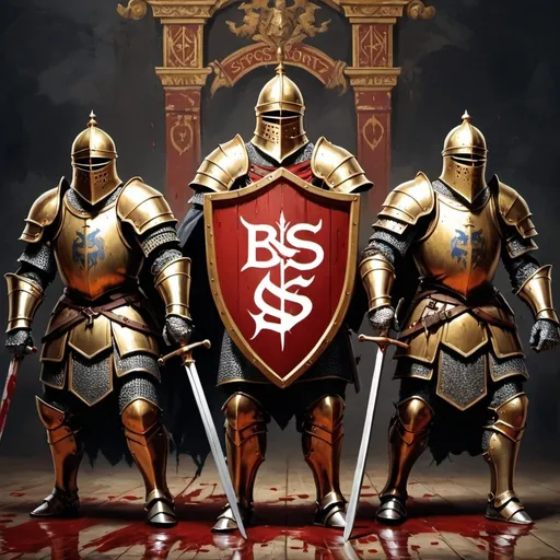 Prompt: Logo for esports team called Bloodsportz.
Historical painting of 3 knights in an epic battle. Thier shields are golden with Bloodsportz written on the shields 