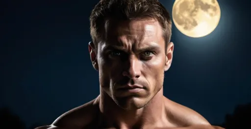 Prompt: Make me a photo of a muscular man mans face with gold eyes looking straight to the right looking determined into the dark blue night, face in moonlight photography, realistic, 