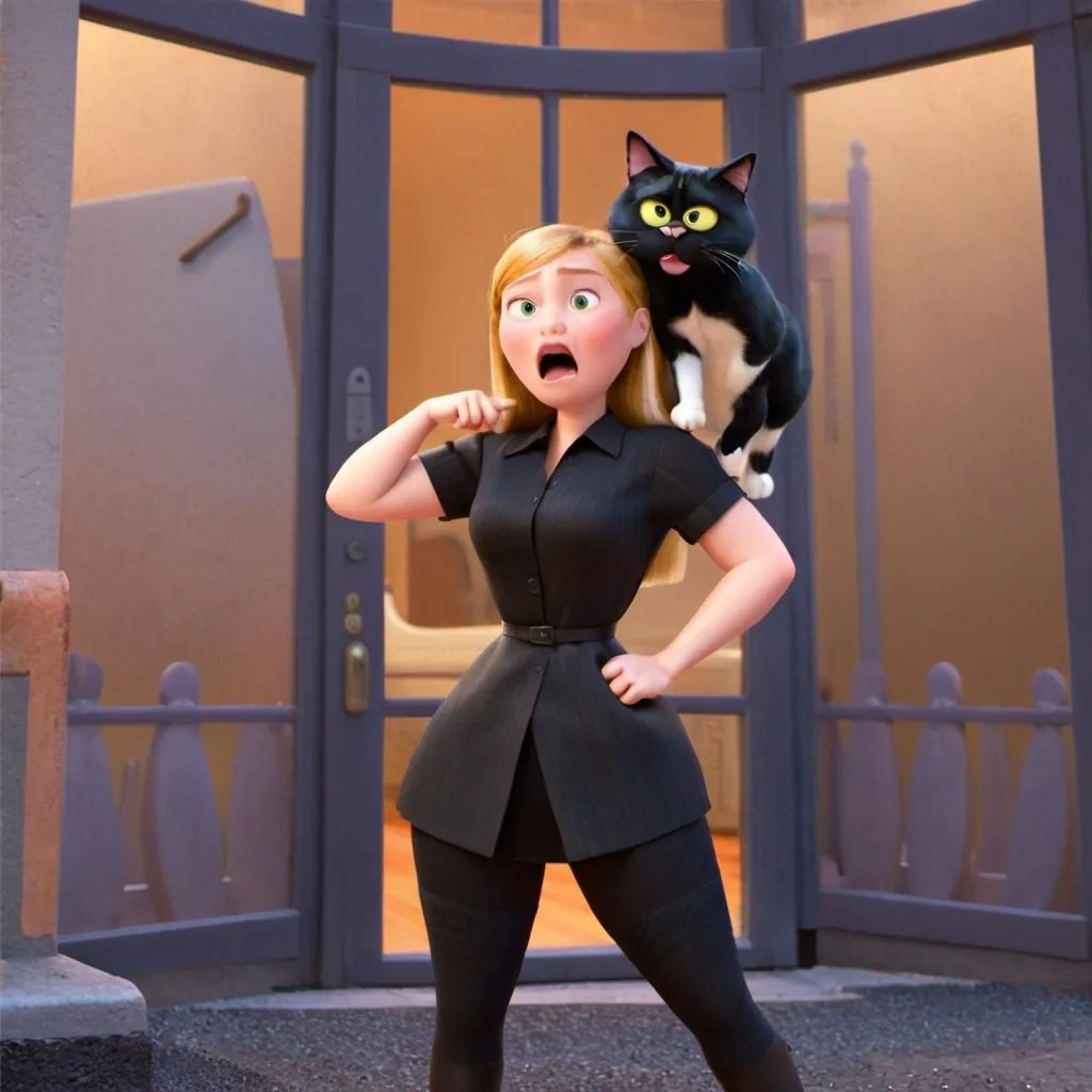 Prompt: a boss lady with black suite standing with their funny and cute cat create a lady who is addor is cat and cat is making funny face and lady face is not  showing....she is wearing long black dress with modesty 