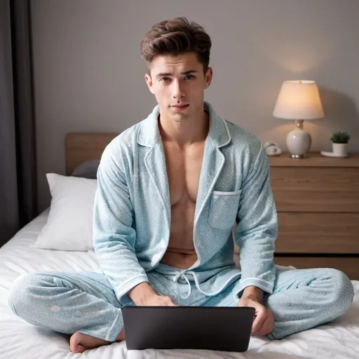 Prompt: handsome young man in pajama working and show hard on