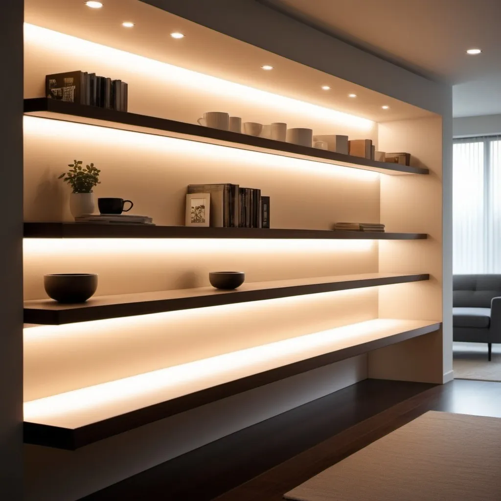 Prompt: Linear led lighting recessed under a shelf