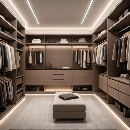 Prompt: Walk-in closet with linear led lighting recessed