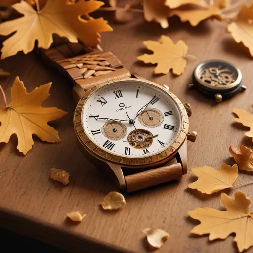 Prompt: serene autumnal scene, with golden leaves scattered around a vintage oak table. On the table, there's an intricately designed wristwatch from Autumn Hour, showcasing its craftsmanship and attention to detail. The backdrop includes soft lighting that enhances the warm orange hues of the brand's logo, subtly woven into the image.