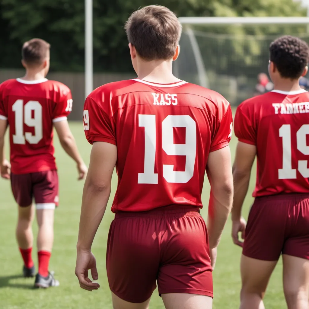 Prompt: Football player wearing cheery red with number 19 shirt and cherry red shorts , from behind , brown hair and light skin , not big shoulders