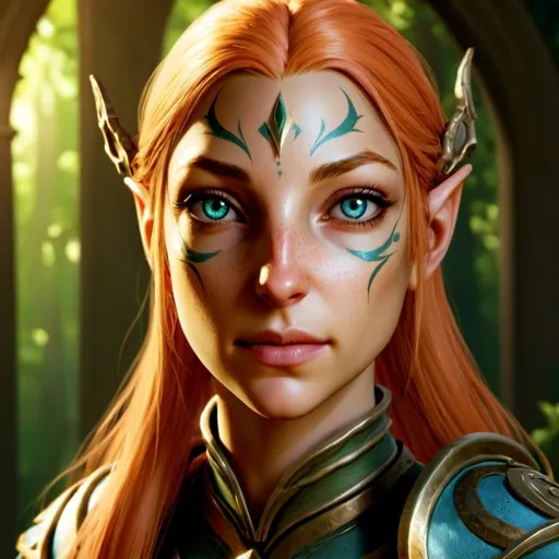 Prompt: Female eladrin cleric with a mace, detailed armor, red hair, tan skin tone, elegant elven features, high elven ears, lush natural surroundings, vibrant summer colors, mystical atmosphere, ethereal glow, fantasy art, detailed eyes, radiant lighting, warm tones, high quality, DND, professional
