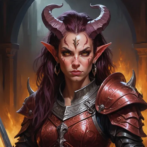 Prompt: Character portrait, d and d, of a grumpy female Tiefling paladin sorcerer, magical oil painting, ominous atmosphere, detailed armor and horns, intense tones, mystical lighting, fantasy, detailed armor, grumpy expression, dark color palate, vibrant hair color, sword