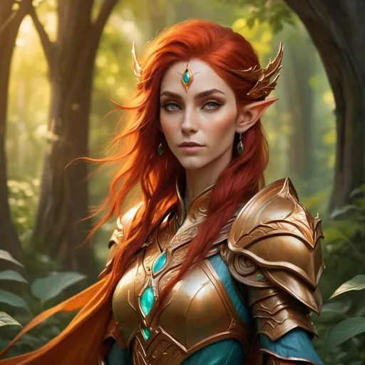 Prompt: Female eladrin cleric wielding a mace, vibrant summer colors, elegant elven features, high quality, fantasy art, warm tones, ethereal glow, detailed armor, lush natural surroundings, mystical atmosphere, red hair