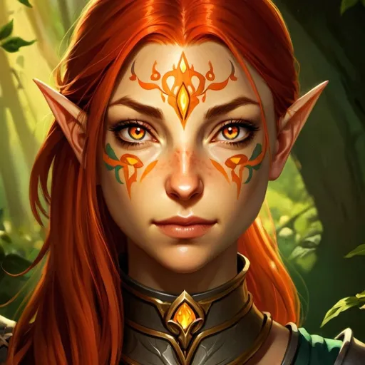 Prompt: Female eladrin cleric wielding a mace, vibrant summer colors, elegant elven features, high quality, fantasy art, warm tones, ethereal glow, detailed armor, lush natural surroundings, mystical atmosphere, red hair