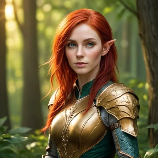 Prompt: Female elf cleric with red hair, wielding a mace, detailed armor, elegant elven features, lush natural surroundings, mystical atmosphere, vibrant, ethereal glow, summer colors, character portrait, high quality, fantasy art, detailed armor, mystical atmosphere, lush natural surroundings, vibrant colors, ethereal glow, red hair, elven features, warm tones, character portrait, high quality