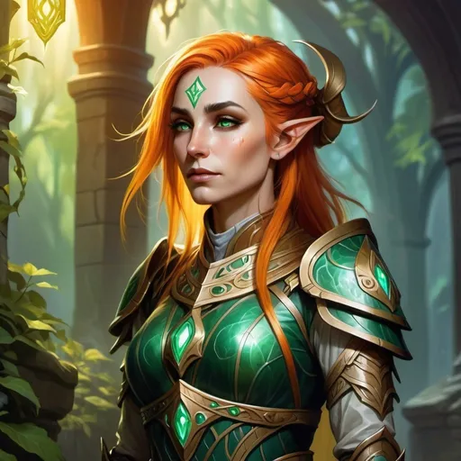 Prompt: Eladrin female cleric with dark green hair, fantasy art, healer, detailed facial features, high-res, fantasy, dungeons and dragons, intricate armor, mystical atmosphere, vibrant colors, ethereal lighting