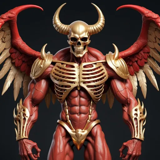 Prompt: Muscular powerful skeleton golden hands red horns and wings 
