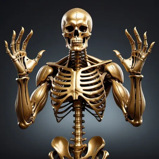 Prompt: Muscular powerful skeleton golden hands
