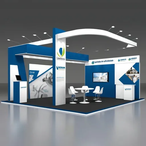 Prompt: Create a exhibition stand design for me the whole stand will be 3 side open, the stand will be 6 meters in width and 7 meters in length. the stand should have two meeting rooms for conducting meetings during the exhibition. the stand should have a desk at the front to welcome people, on the left side keep a media wall. 