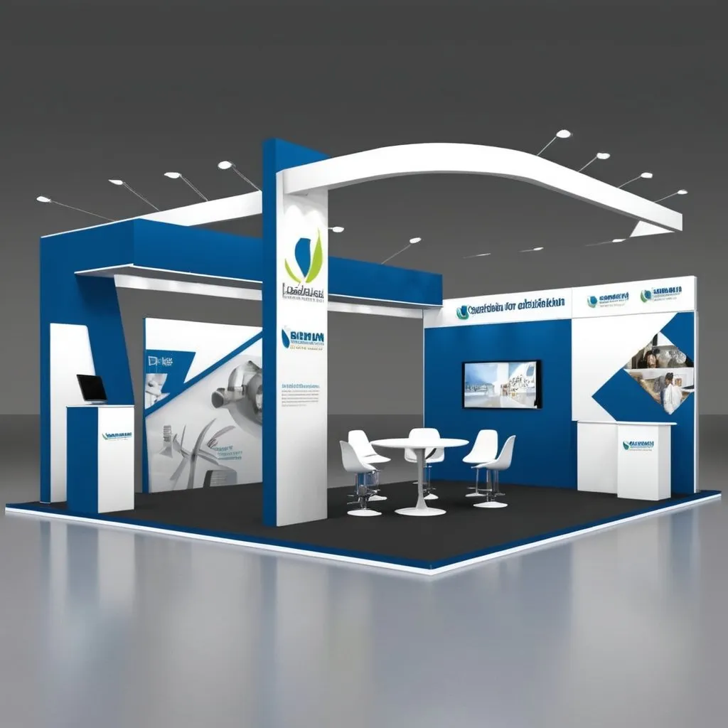 Prompt: Create a exhibition stand design for me the whole stand will be 3 side open, the stand will be 6 meters in width and 7 meters in length. the stand should have two meeting rooms for conducting meetings during the exhibition. the stand should have a desk at the front to welcome people, on the left side keep a media wall. 