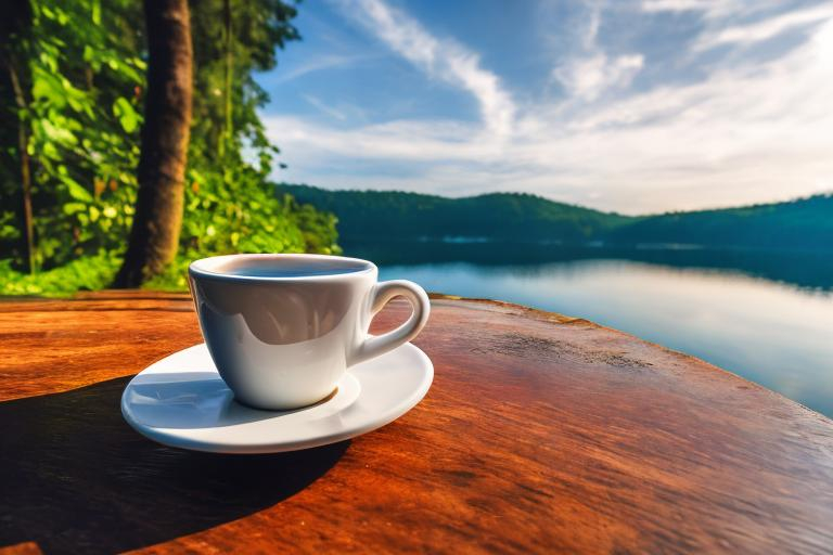Prompt: Real photography of a cappuccino cup in front of a beautiful scenery consisting of a forest, a lake, and a house