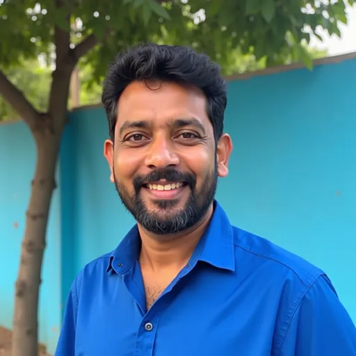 Prompt: a man with a blue shirt and a blue wall behind him and a tree in the background with leaves, Bikash Bhattacharjee, samikshavad, jayison devadas, a picture