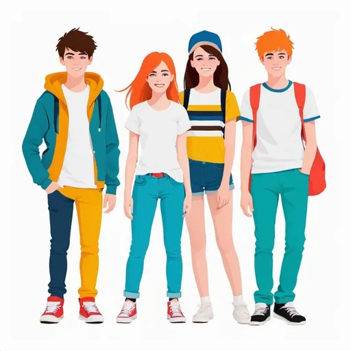 Prompt: teenagers flat minimal 2d style happy colors white background