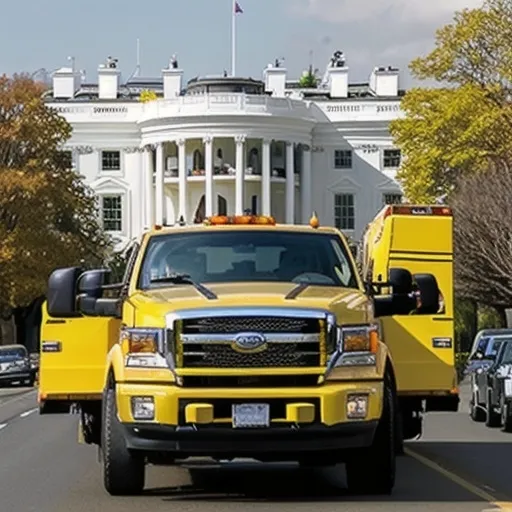 Prompt: yellow towtruck towing the Whitehouse through heavy traffic