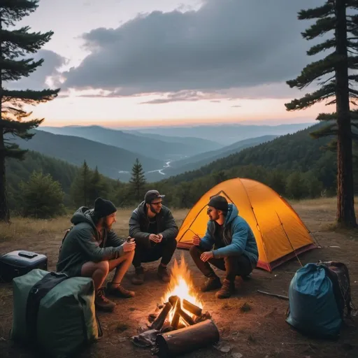 Prompt: Camping trip with friends on the mountain, cinematic, taking Acid, 