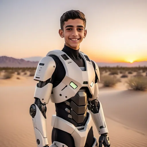 Prompt: Handsome skinny 16 year old Arab teenage boy smiling as a Futuristic Military AI Robot wearing full US military tactical gear while in the Mojave Desert during evening with a beautiful sunset in the sky