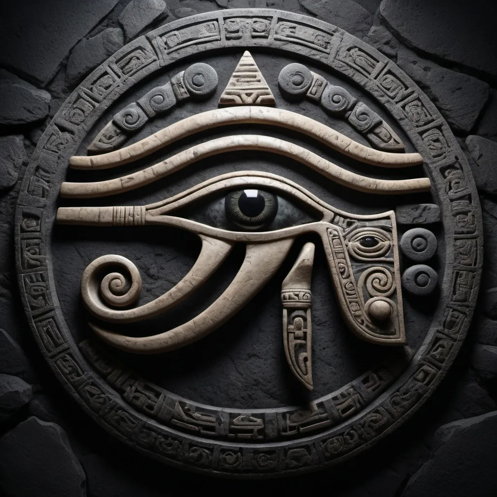 Prompt: (eye of Horus stone statue), tribal design, dark and mysterious ambiance, smoky background, mystical vibes, intricate details on the stone, shadowy textures, eerie lighting casting shadows, elements of ancient symbolism, rich historical context, rich black and deep gray color tones, ultra-detailed, cinematic depth, evokes a sense of intrigue and wonder.