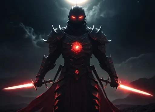 Prompt: Shadowy figure with white eyes, realistic cosmic appearance, red aura and outline, standing solo on background, midnight black Armor, hovering gigantic sun, blurry black face, swords, cosmic, intense red tones, detailed lighting, highres, realistic, dark atmosphere, menacing