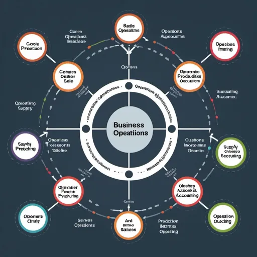 Prompt: create an image of business operations: core operations are production/operations, research & development, sales & marketing. Supporting operations are finance & accounting, human resources, information technology, supply chain management, customer services. 