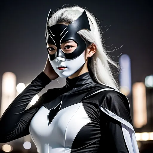 Prompt: (korean teenage girl black and white costume superhero with half black half white mask), vibrant color tones, dynamic lighting, serious and focused expression, high action atmosphere, energetic pose, dramatic highlights and shadows, cinematic composition, intricate textures, 