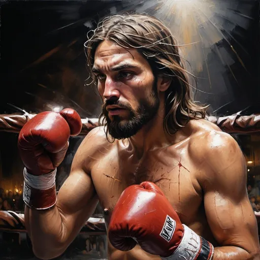 Prompt: Boxing Jesus in a gritty, urban boxing ring, realistic oil painting, intense and dramatic, powerful brushstrokes, gritty textures, high contrast lighting, detailed facial features, dynamic composition, high quality, oil painting, intense, urban, gritty, dramatic lighting, detailed facial features, powerful composition, high contrast, thorn crown