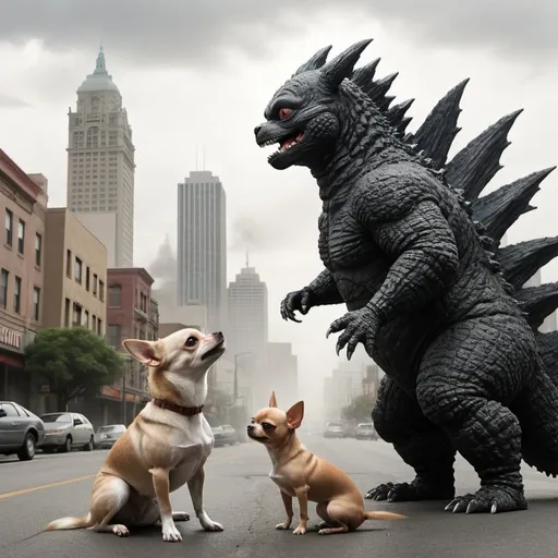 Prompt: Godzilla vs Chihuahua, dramatic city scene 