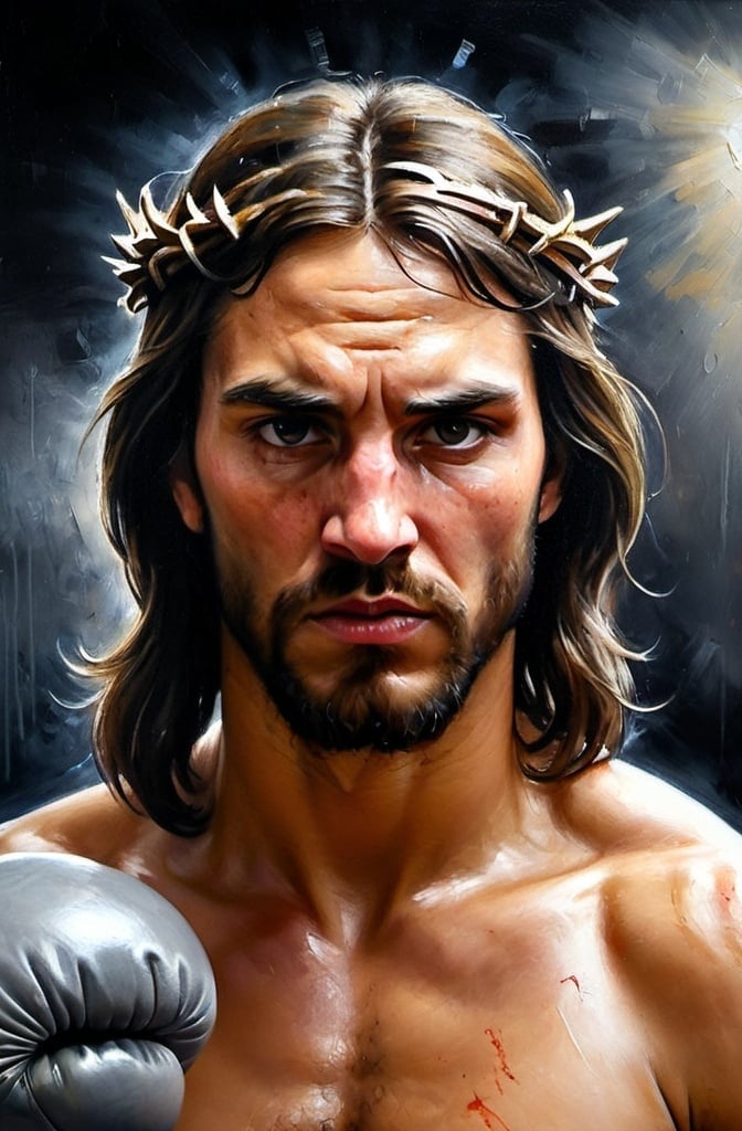 Prompt: Boxing Jesus in a gritty, urban boxing ring, realistic oil painting, intense and dramatic, powerful brushstrokes, gritty textures, high contrast lighting, detailed facial features, dynamic composition, high quality, oil painting, intense, urban, gritty, dramatic lighting, detailed facial features, powerful composition, high contrast, thorn crown