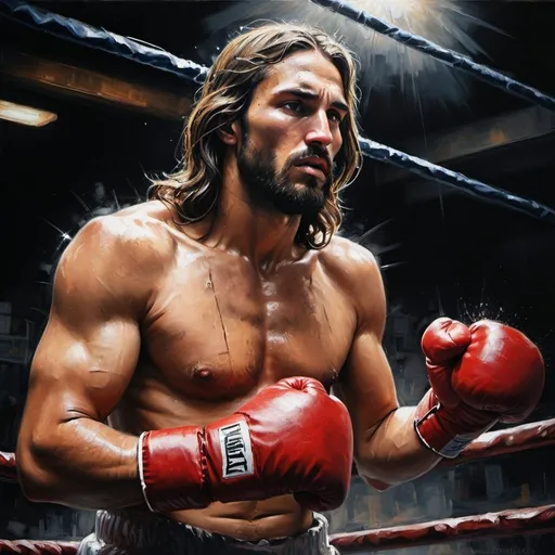 Prompt: Boxing Jesus in a gritty, urban boxing ring, realistic oil painting, intense and dramatic, powerful brushstrokes, gritty textures, high contrast lighting, detailed facial features, dynamic composition, high quality, oil painting, intense, urban, gritty, dramatic lighting, detailed facial features, powerful composition, high contrast