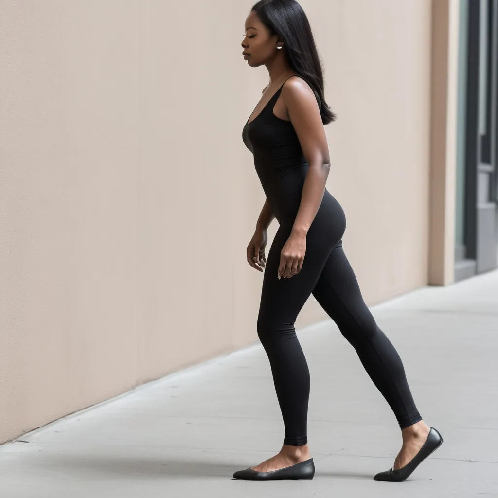 Prompt: A candid Full body shot from head to feet  from the side of a beautiful dark ebony straight hair woman wearing black leggings showing cleavage and plain black pointy ballet flats. She is walking.