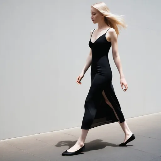 Prompt: A candid Full body shot from head to feet  from the side of a beautiful pale blonde woman wearing a black maxi dress showing cleavage and plain black pointy ballet flats. She is walking.