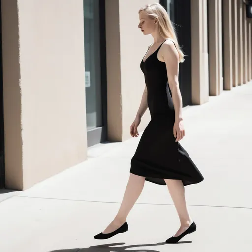 Prompt: A candid Full body shot from head to feet  from the side of a beautiful pale blonde woman wearing a black body con dress showing cleavage and plain black pointy ballet flats. She is walking.