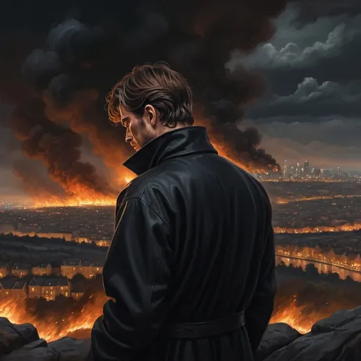 Prompt: during a cloudy night, a brown-haired man dressed in black crying on a hill in the foreground looking down the hill at a city on fire. oil paint, 4k