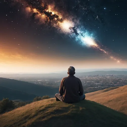 Prompt: A man sits on a hill and watches as the universe collapses