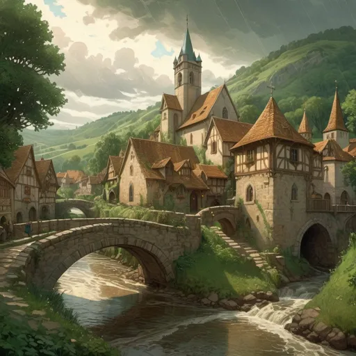 Prompt: Bustling medieval village, small castle, small church, stone bridge over river, rolling forested hills, rainy, muddy, highres, detailed, medieval, rainy atmosphere, immersive, historical, lush greenery, atmospheric lighting