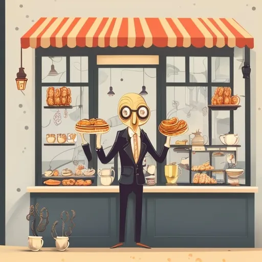 Prompt: An older well-dressed man with an octopus arm for his left arm enjoys a croissant and a cappuccino in an airy coffee shop picture book window