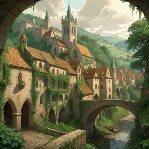 Prompt: Bustling medieval village, tall castle, ivy covered church, stone bridge over river, rolling forested hills, rainy, muddy, highres, detailed, medieval, rainy atmosphere, immersive, historical, lush greenery, atmospheric lighting