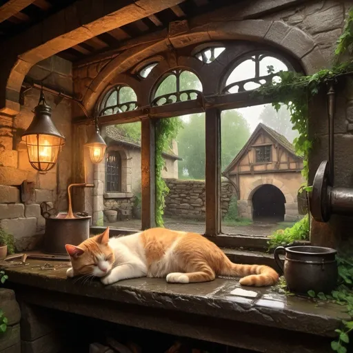 Prompt: Empty medieval blacksmith shop, cat sleeping in open window, glowing forge, stone walls, rainy, muddy, highres, detailed, medieval, rainy atmosphere, immersive, historical, lush greenery, atmospheric lighting