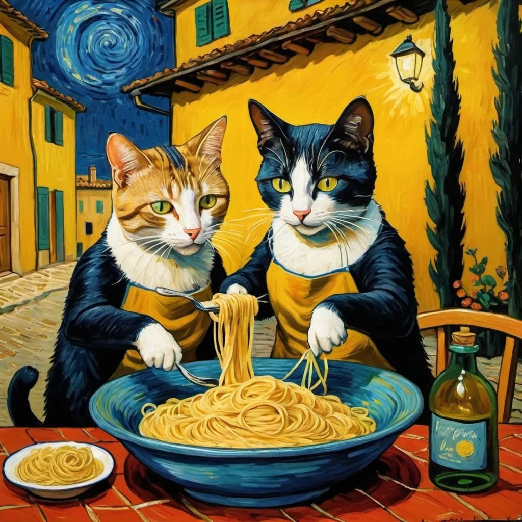 Prompt: Van-gogh style painting of two cats making pasta on a Tuscan evening 