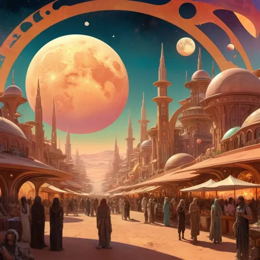 Prompt: Alien desert planet, dusty bazaar, triple sunset, large crescent moon, highres, detailed, sci-fi, fantasy, alien landscape, vibrant colors, atmospheric lighting, bustling marketplace, exotic architecture, multiple suns setting, otherworldly, mystical, surreal, large crescent moon, intergalactic, remote planet, triple sunset, diverse crowd