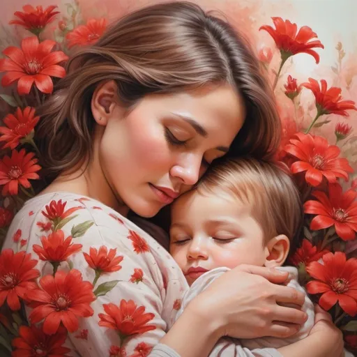 Prompt: Toddler son sleeping on mother's shoulder, surrounded by vibrant red flowers, high quality, soft pastel painting, warm and cozy atmosphere, detailed facial features, peaceful motherhood, tender moment, delicate brush strokes, soft lighting, pastel colors, detailed floral pattern, loving bond, artistic medium, gentle haze