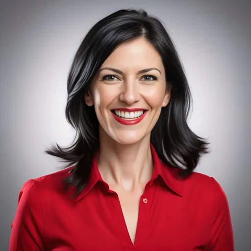 Prompt: A spirited Caucasian female teacher with black hair, dressed in vibrant red, smiling confidently. Her lively expression radiates energy and defiance as she faces the viewer with boldness. The image has a transparent background.